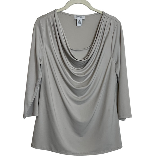 Carmen Marc Valvo Womens Drape Neck Knit Top Medium Beige Attached Cami - Picture 1 of 6